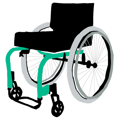 a cyan and black rigid wheelchair. there is a white background and outline.